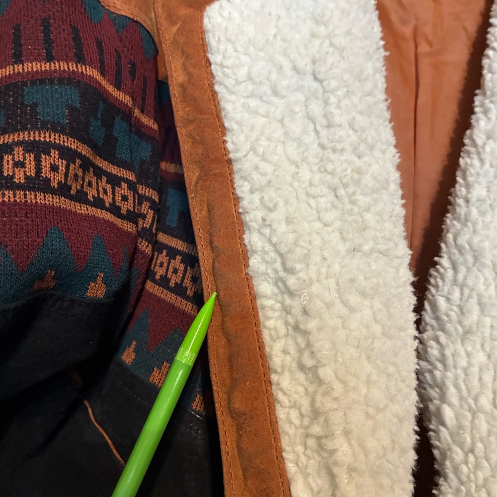 Vintage Aztec Color block Suede Jacket USA Faux Sherpa Trim Rancher *DISTRESSED - Picture 14 of 16